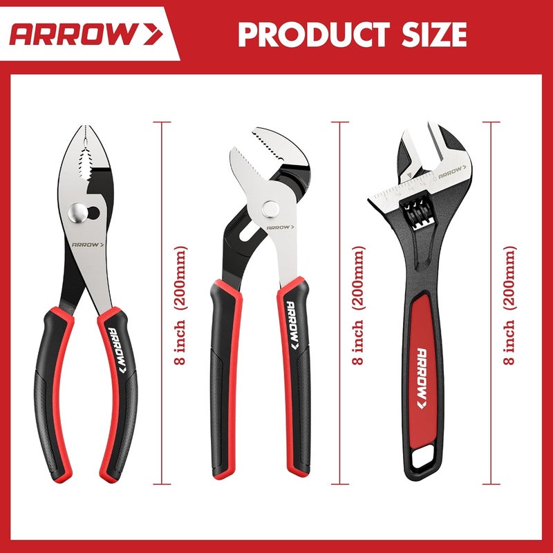 Arrow Fastener ARROW 3-Piece Pliers and Wrench Set, Includes 8 Inch Slip Joint, Groove Joint Pliers & Adjustable Wrench, Comfortable Ergonomic Anti-slip Handle for Basic Repairs - Image 3